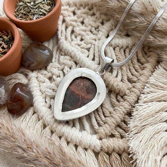 Boho Chic Artisan S925 Crazy Lace Agate Teardrop Pendant 18K Gold Plated Chain - Picture 7 of 11